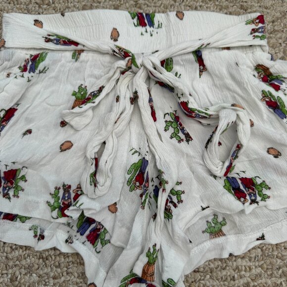 Three Days Cactus Print Flouncy Shorts White Small Breathable Waist-tie Beach - Picture 11 of 12